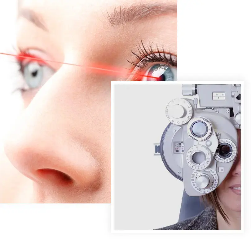A woman with red eye lashes and an optometrist 's instrument.