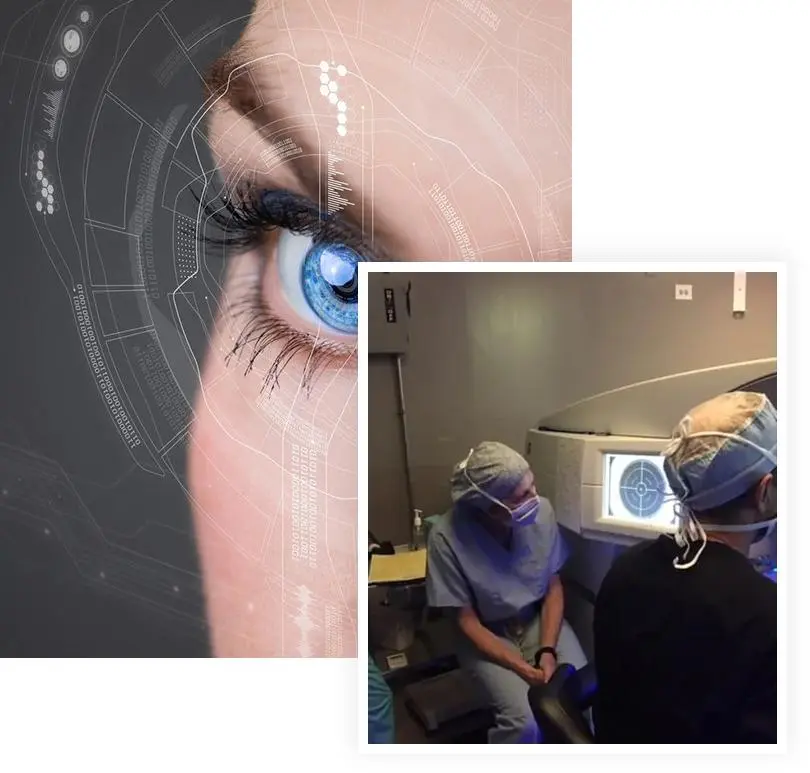 A woman 's eye and two men in surgical masks
